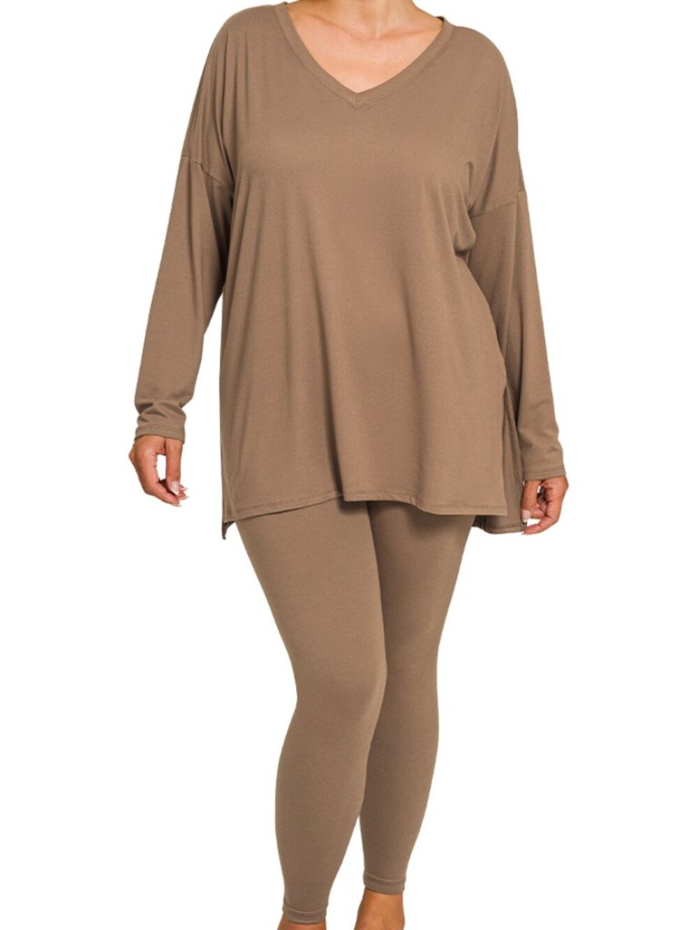V‑Neck Long‑Sleeve Loungewear Leggings Set – Buttery Soft Brushed DTY Microfiber